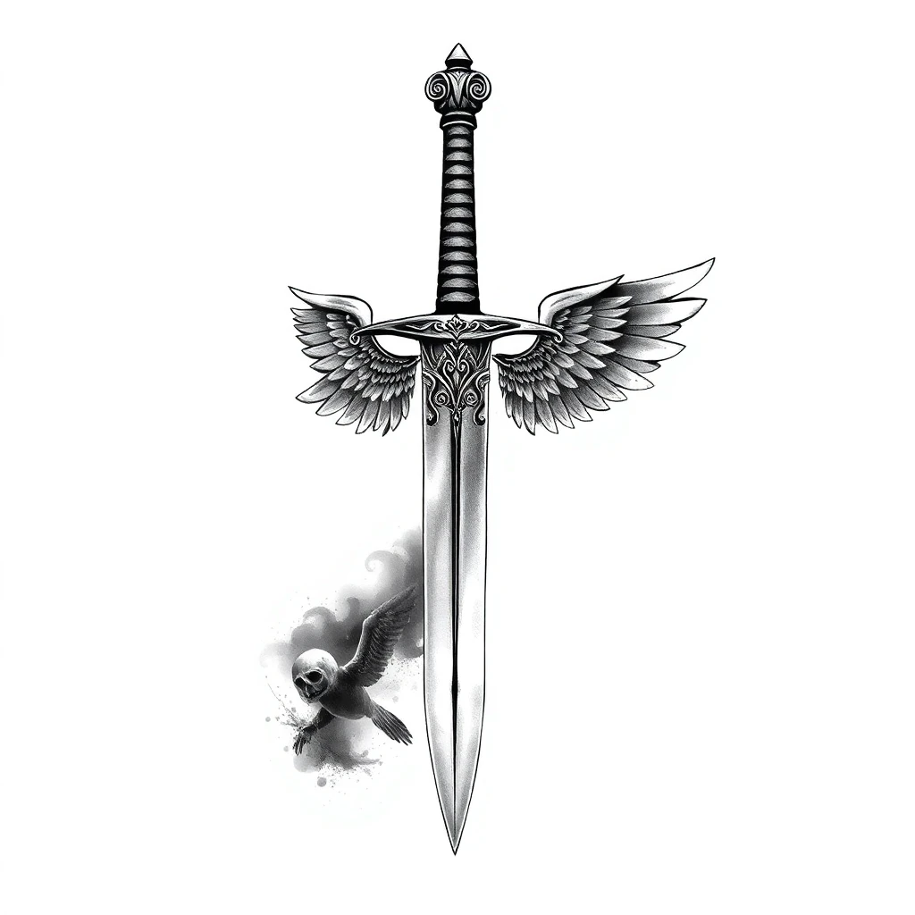Tatouage épée en style noir et blanc, design généré par IA