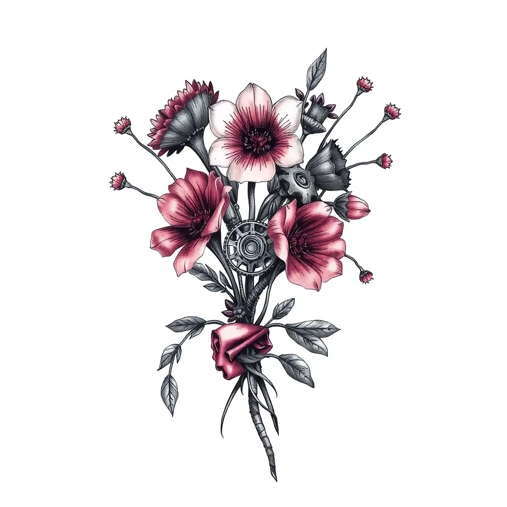 Tatouage fleur en style biomécanique, design généré par IA