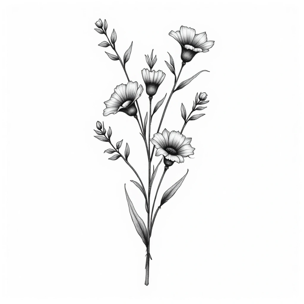Tatouage fleur en style single needle, design généré par IA