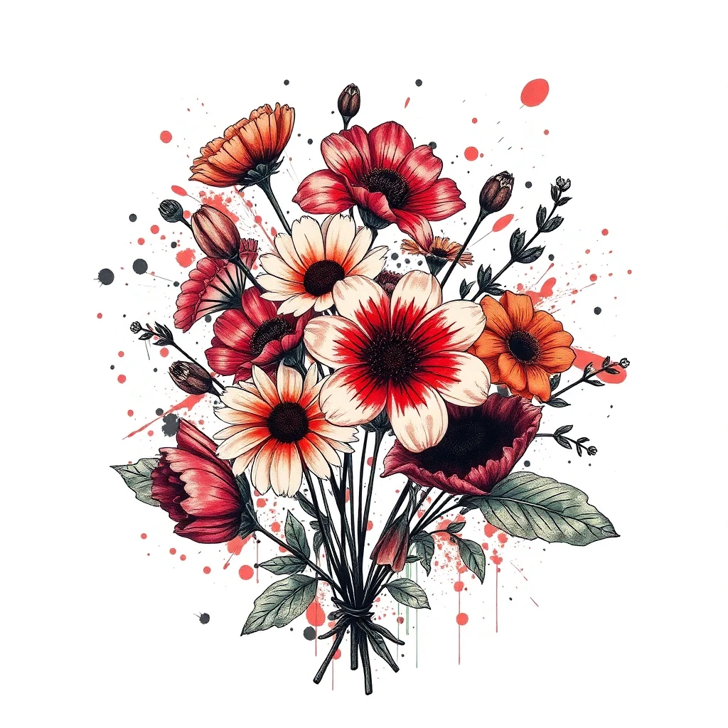 Tatouage fleur en style trash polka, design généré par IA