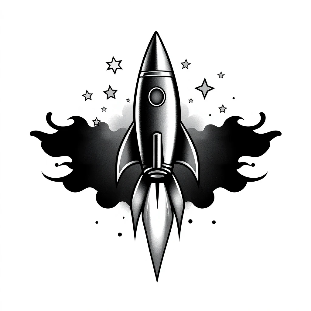 Tatouage fusée en style black and gray, design généré par IA