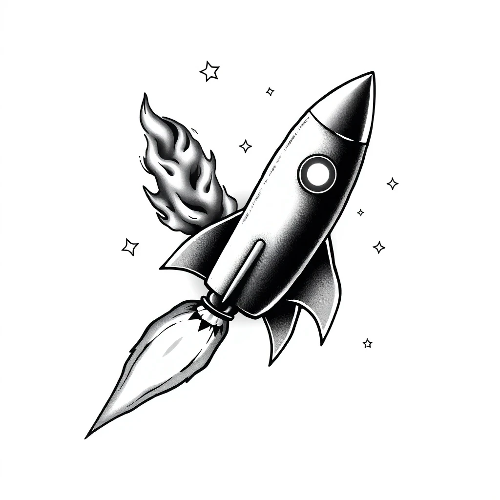 Tatouage fusée en style noir et blanc, design généré par IA