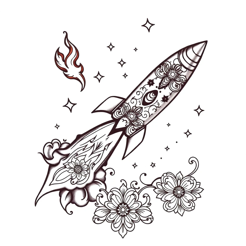 Tatouage fusée en style ornemental, design généré par IA