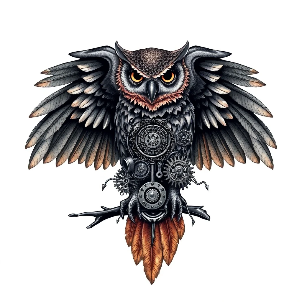 Tatouage hibou en style biomécanique, design généré par IA