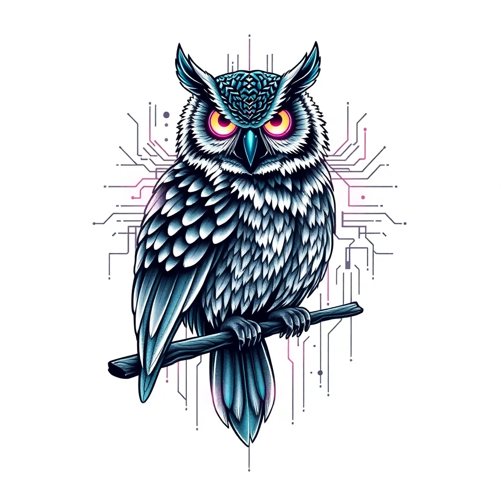 Tatouage hibou en style cyberpunk, design généré par IA