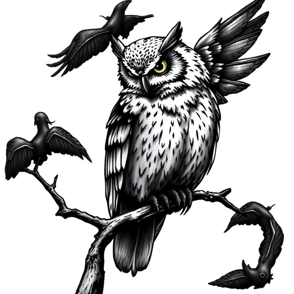 Tatouage hibou en style horror, design généré par IA