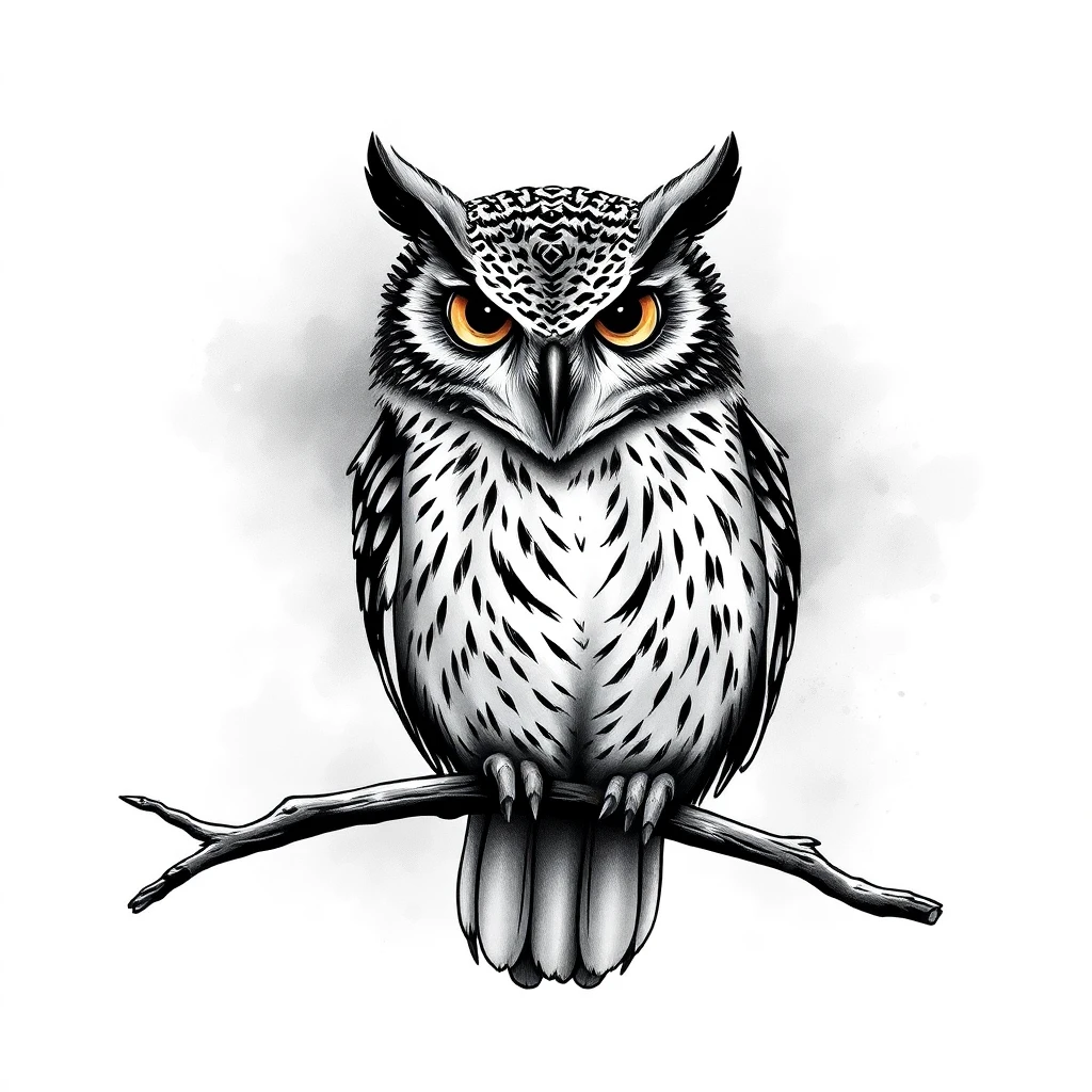 Tatouage hibou en style noir et blanc, design généré par IA