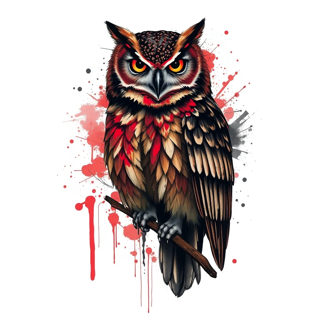 Tatouage hibou en style trash polka, design généré par IA