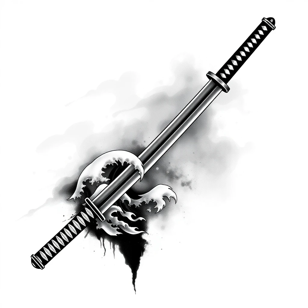 Tatouage katana en style black and gray, design généré par IA