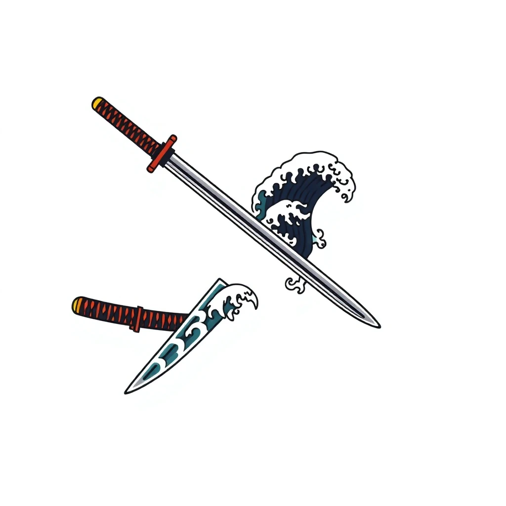 Tatouage katana en style cartoon, design généré par IA