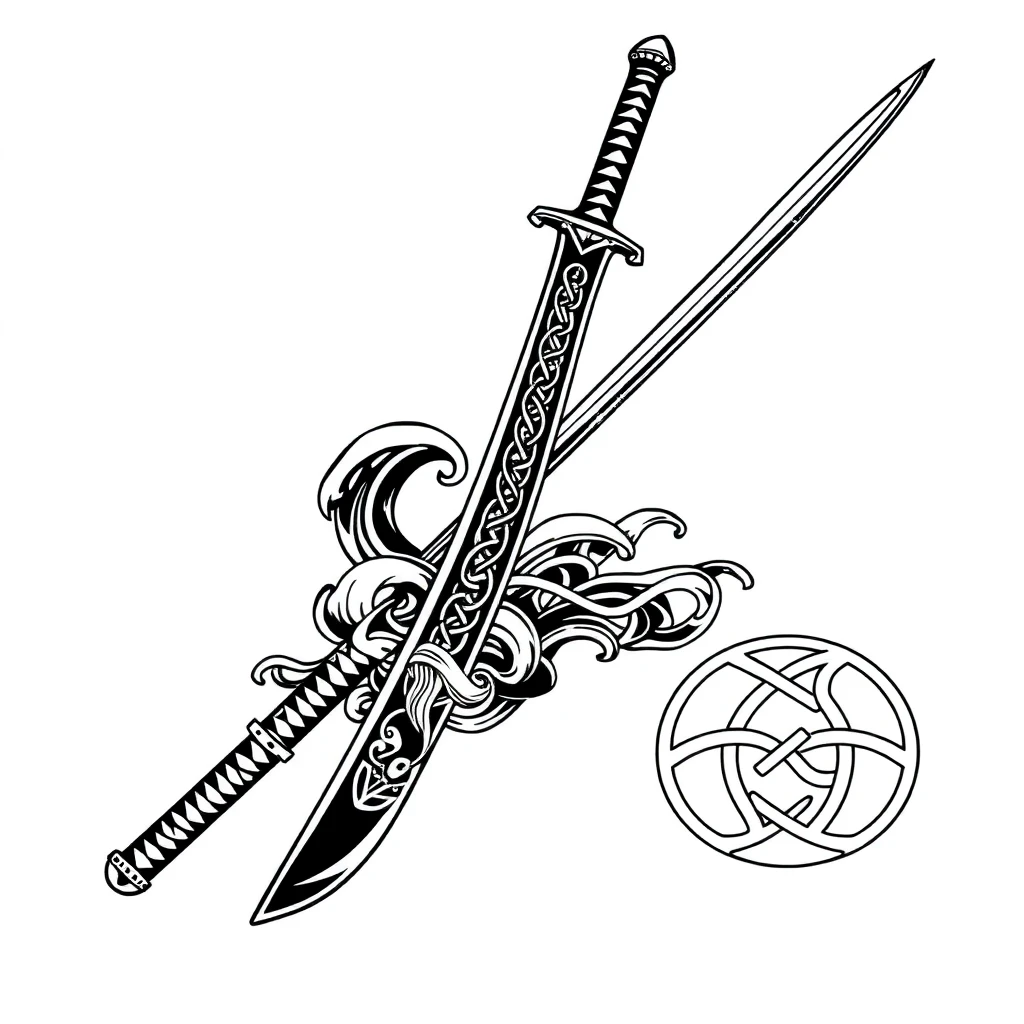Tatouage katana en style celtique, design généré par IA