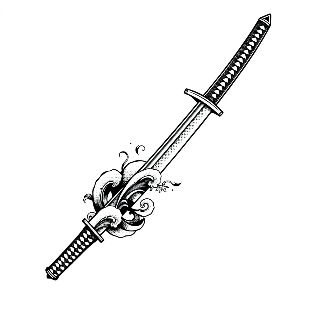 Tatouage katana en style dotwork