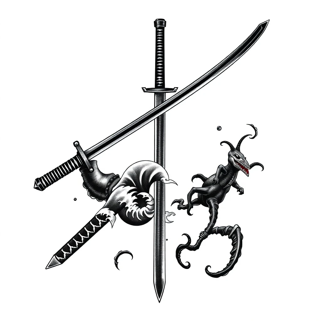 Tatouage katana en style horror, design généré par IA