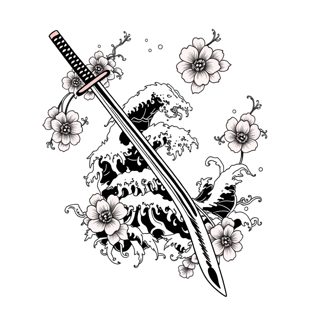 Tatouage katana en style japonais, design généré par IA