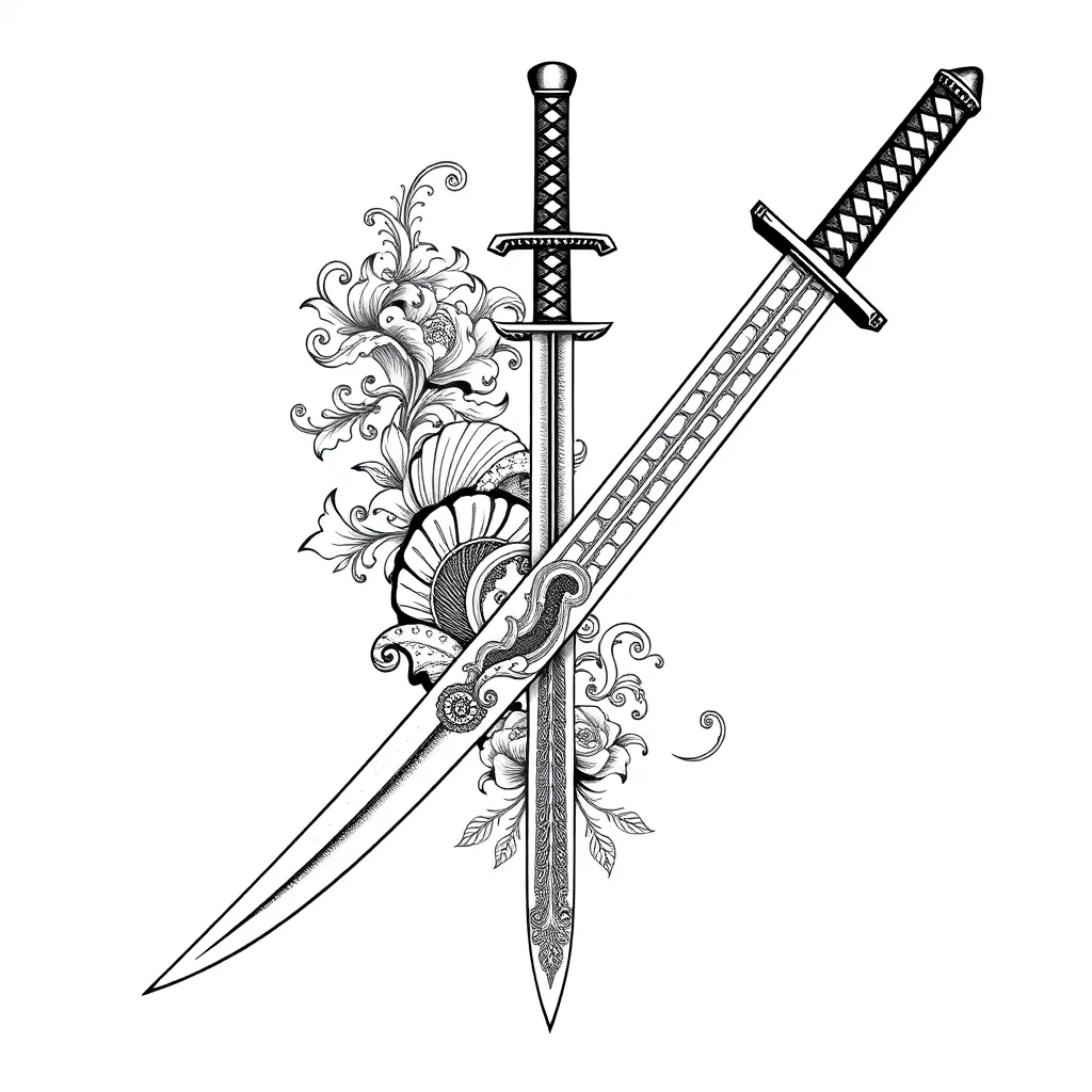 Tatouage katana en style ornemental, design généré par IA