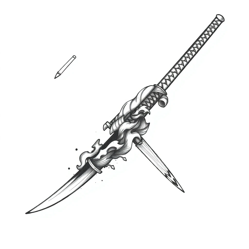 Tatouage katana en style sketch, design généré par IA