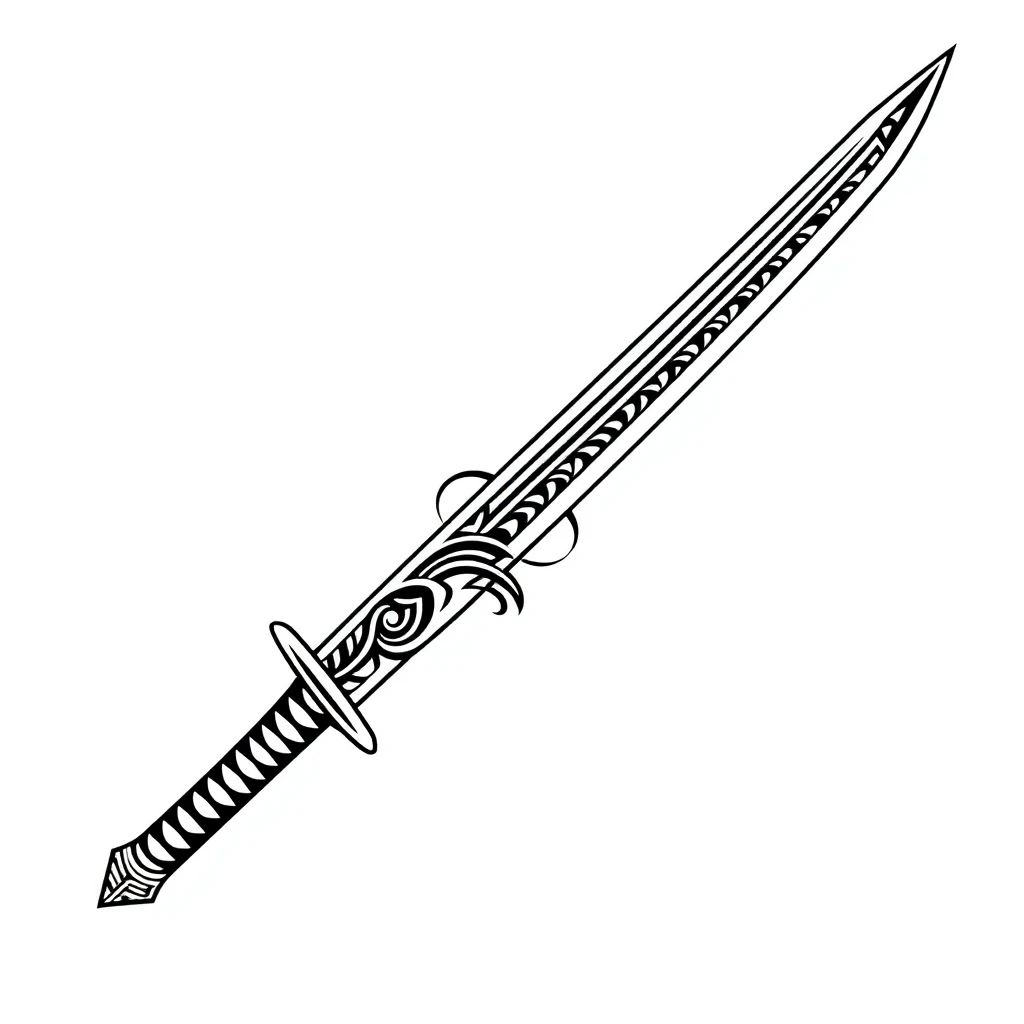 Tatouage katana en style tribal, design généré par IA