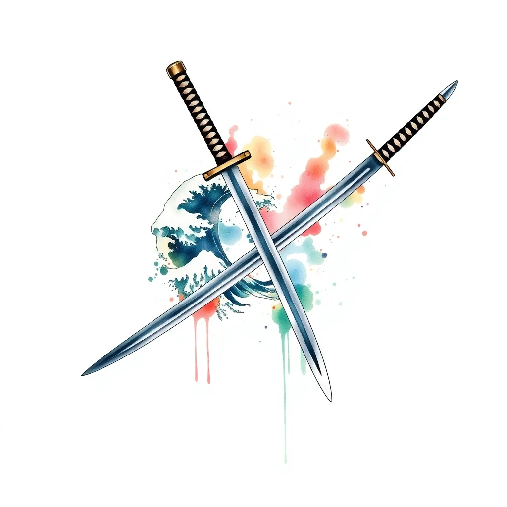 Tatouage katana en style watercolor, design généré par IA