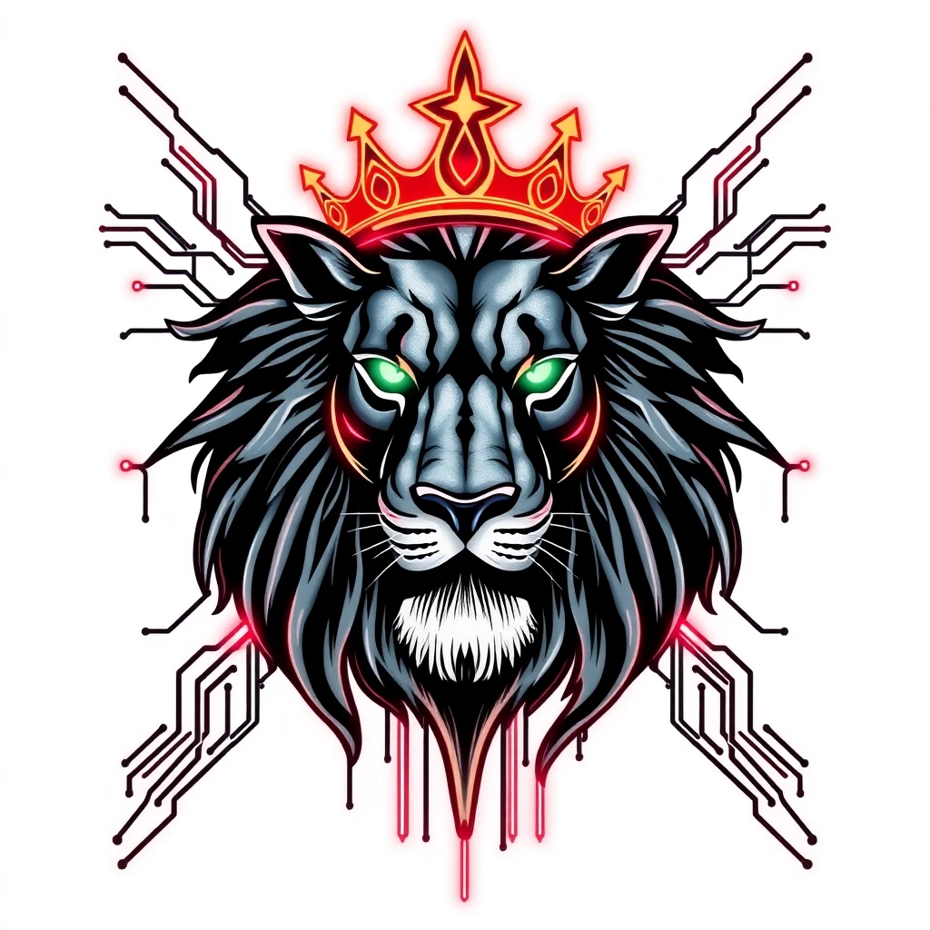 Tatouage lion en style cyberpunk, design généré par IA