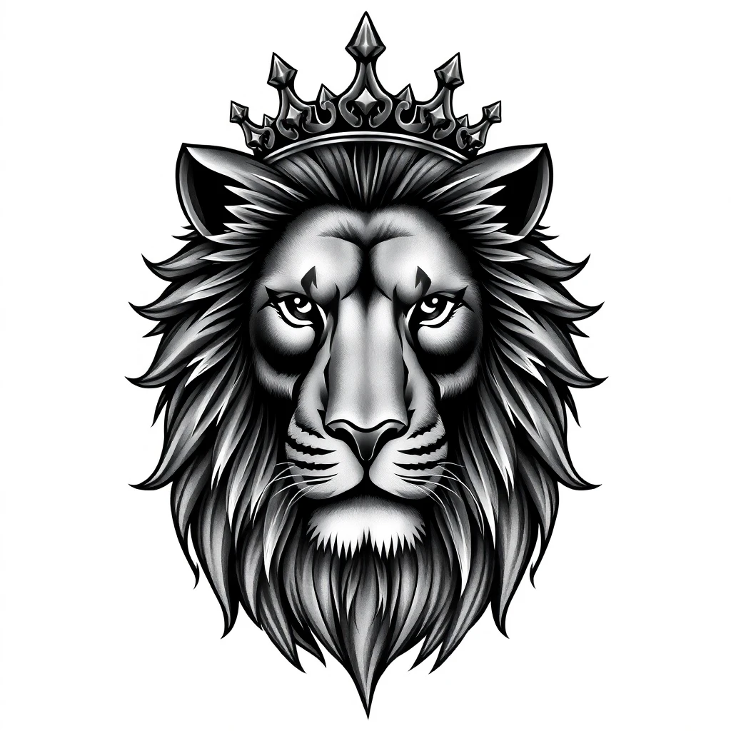 Idée de tatouage bras homme : lion couronné en réaliste noir et gris