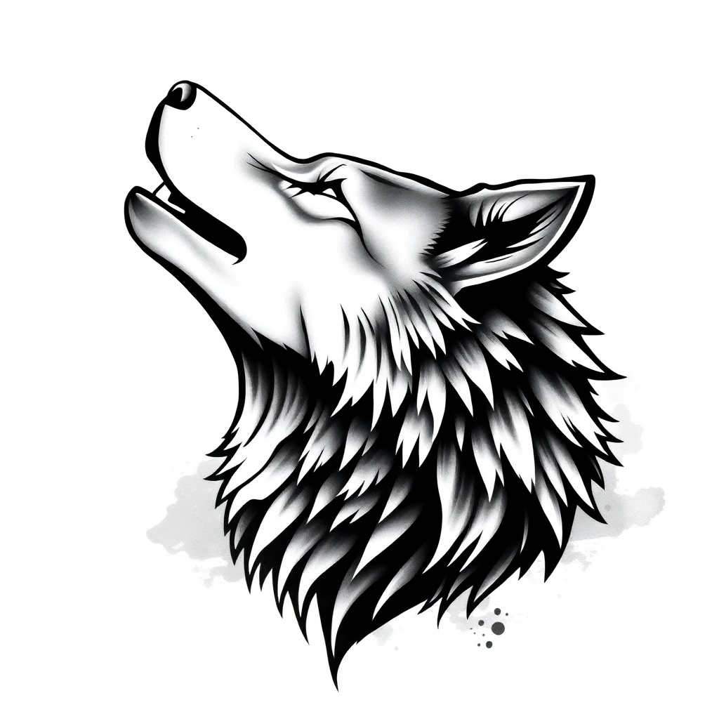 Tatouage loup hurlant en style black and gray, design généré par IA
