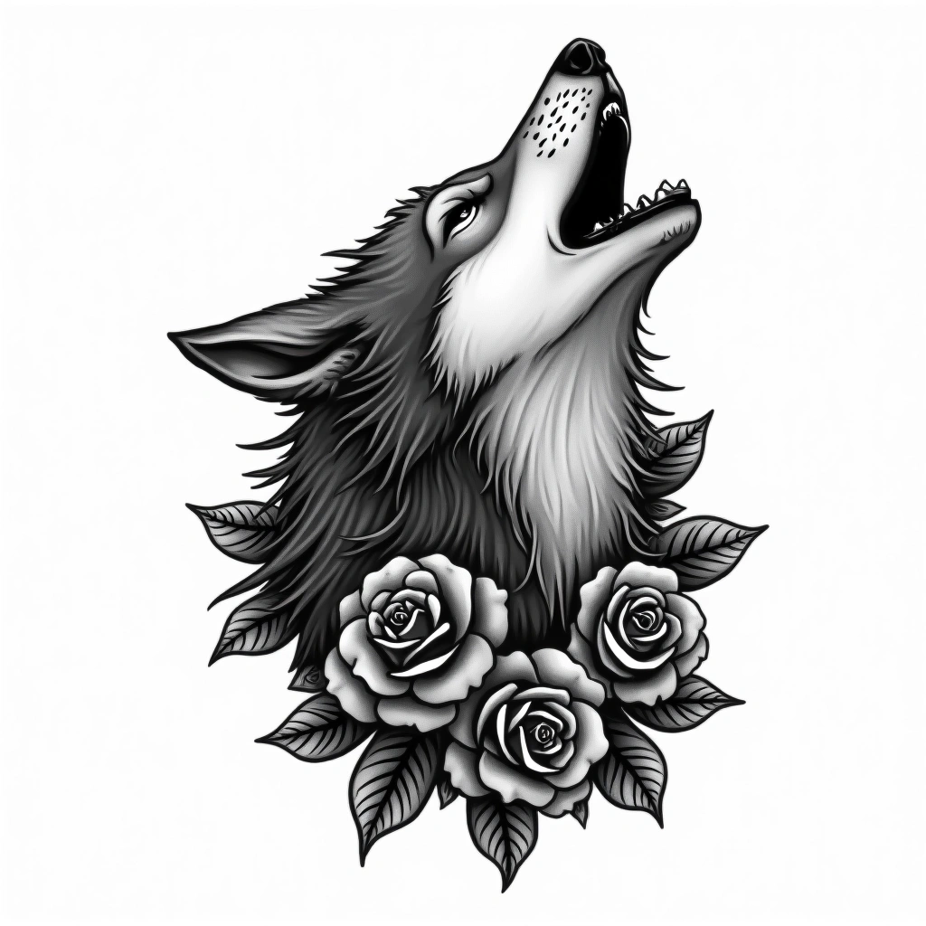 Tatouage loup hurlant en style chicano, design généré par IA