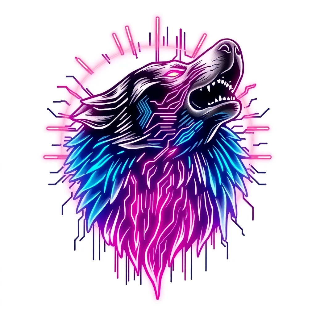 Tatouage loup hurlant en style cyberpunk, design généré par IA