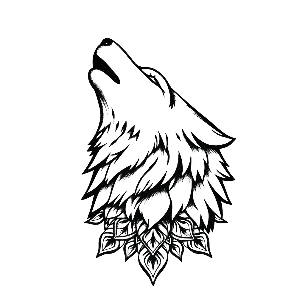 Tatouage loup en style dotwork, design noir et gris généré avec Tatua