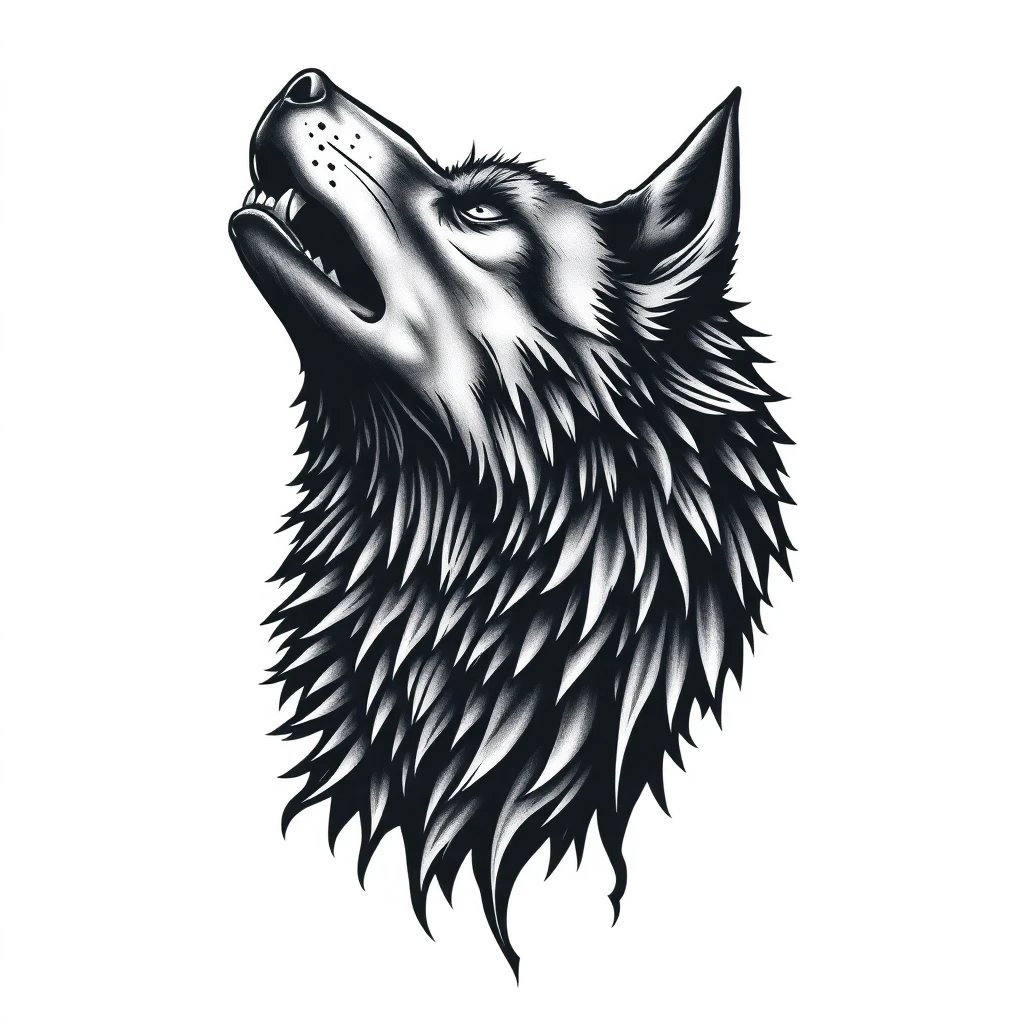 Tatouage loup hurlant en style horror, design généré par IA