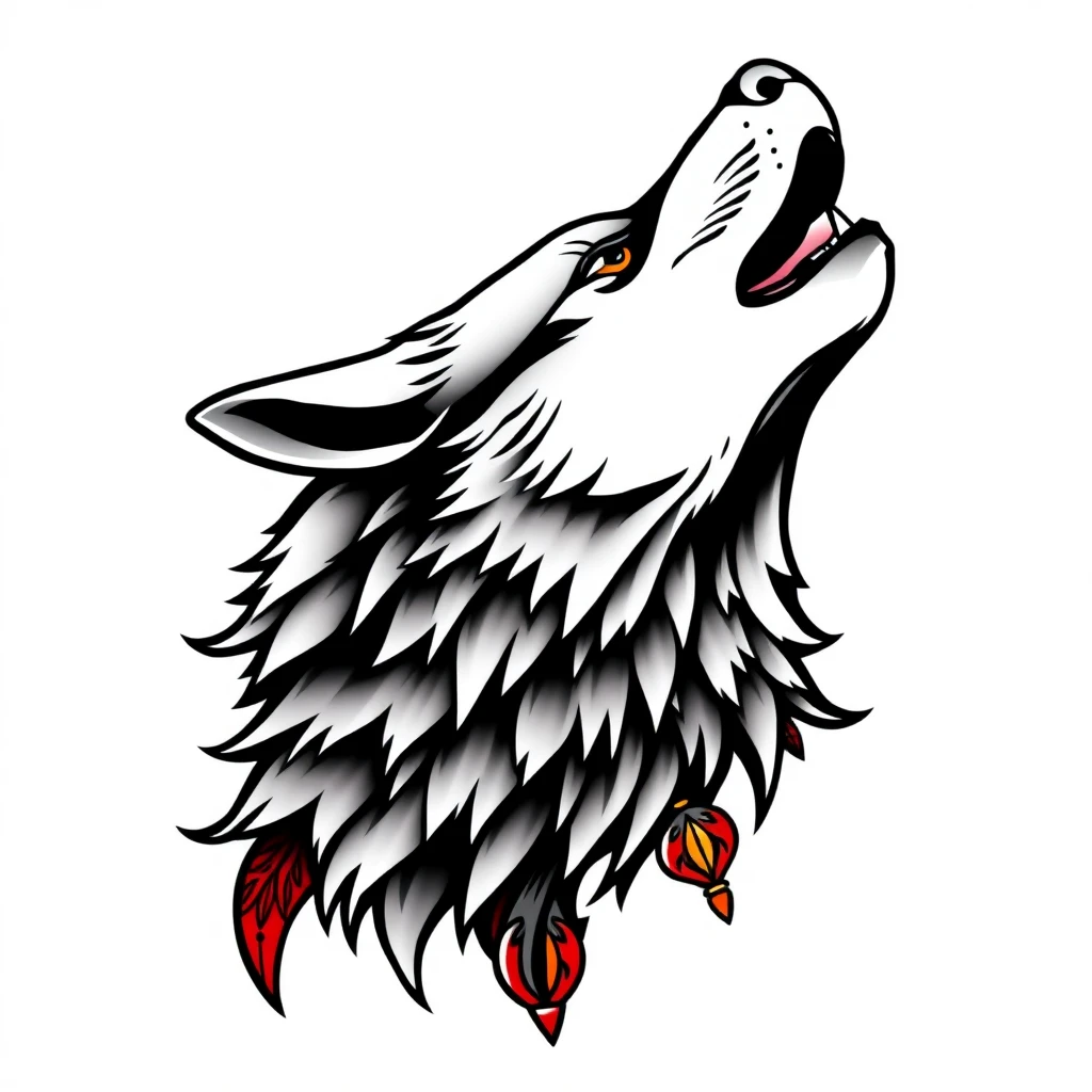 Tatouage loup hurlant en style néo-traditionnel, design généré par IA