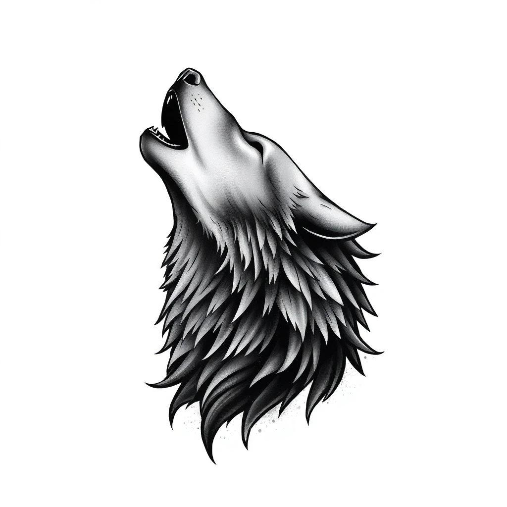 Tatouage loup hurlant en style noir et blanc, design généré par IA