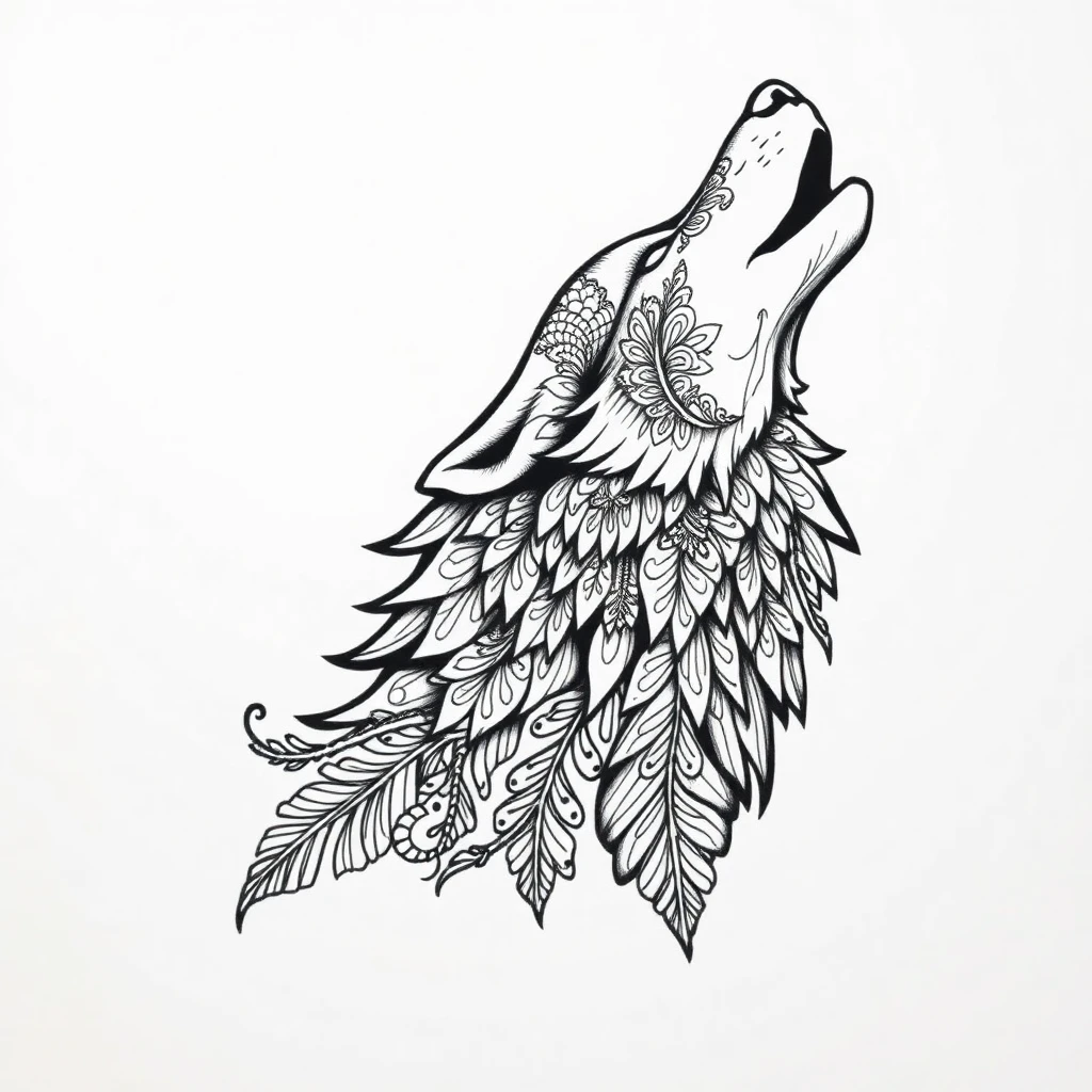 Tatouage loup hurlant en style ornemental, design généré par IA