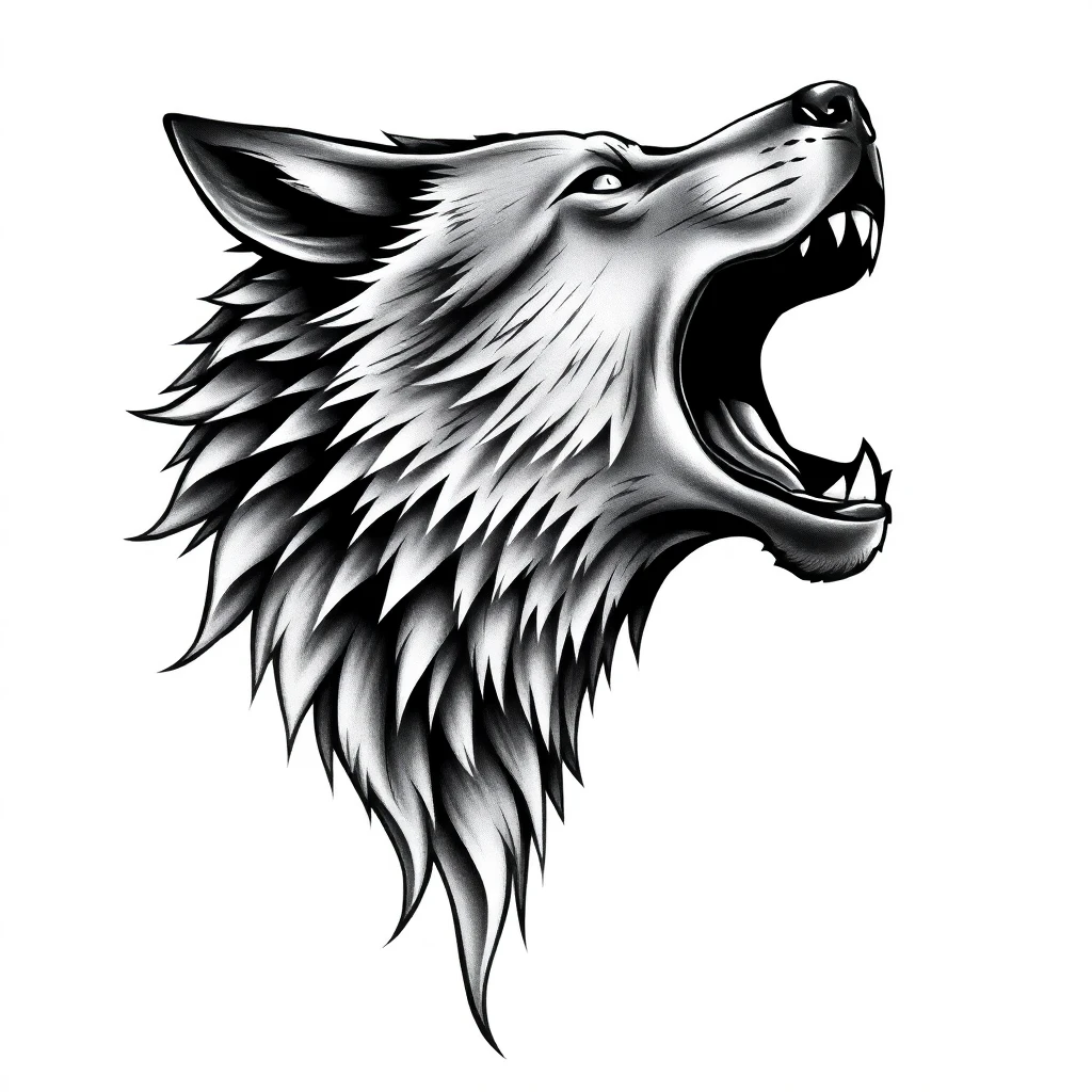 Idée de tatouage bras homme : tête de loup de profil, gueule ouverte, en réaliste