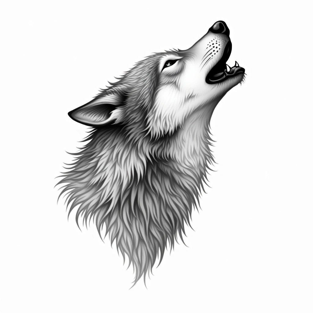 Tatouage loup hurlant en style single needle, design généré par IA