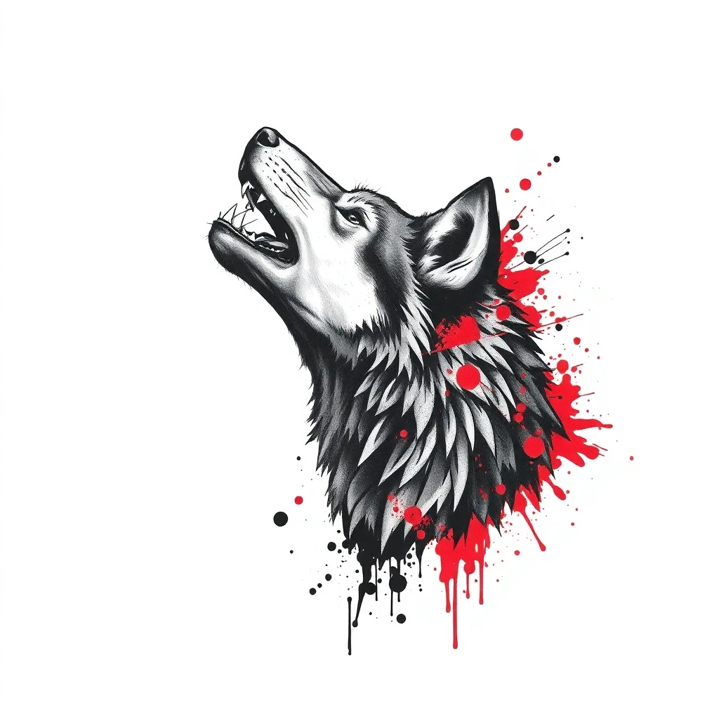 Tatouage loup hurlant en style trash polka, design généré par IA