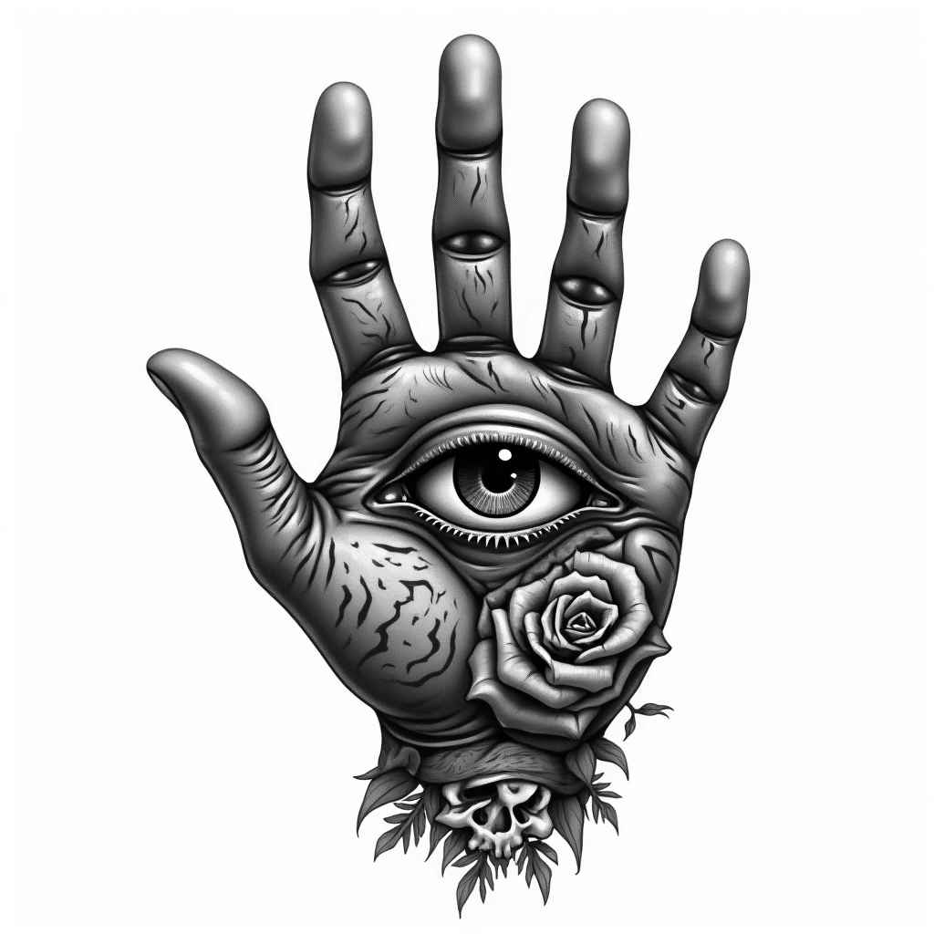 Tatouage main de Fatima en style chicano, design généré par IA
