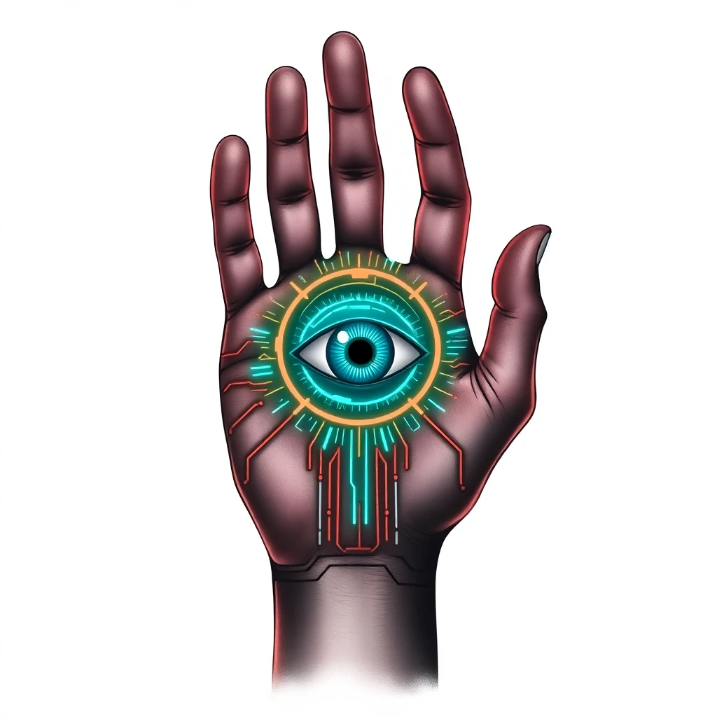 Tatouage main de Fatima en style cyberpunk, design généré par IA