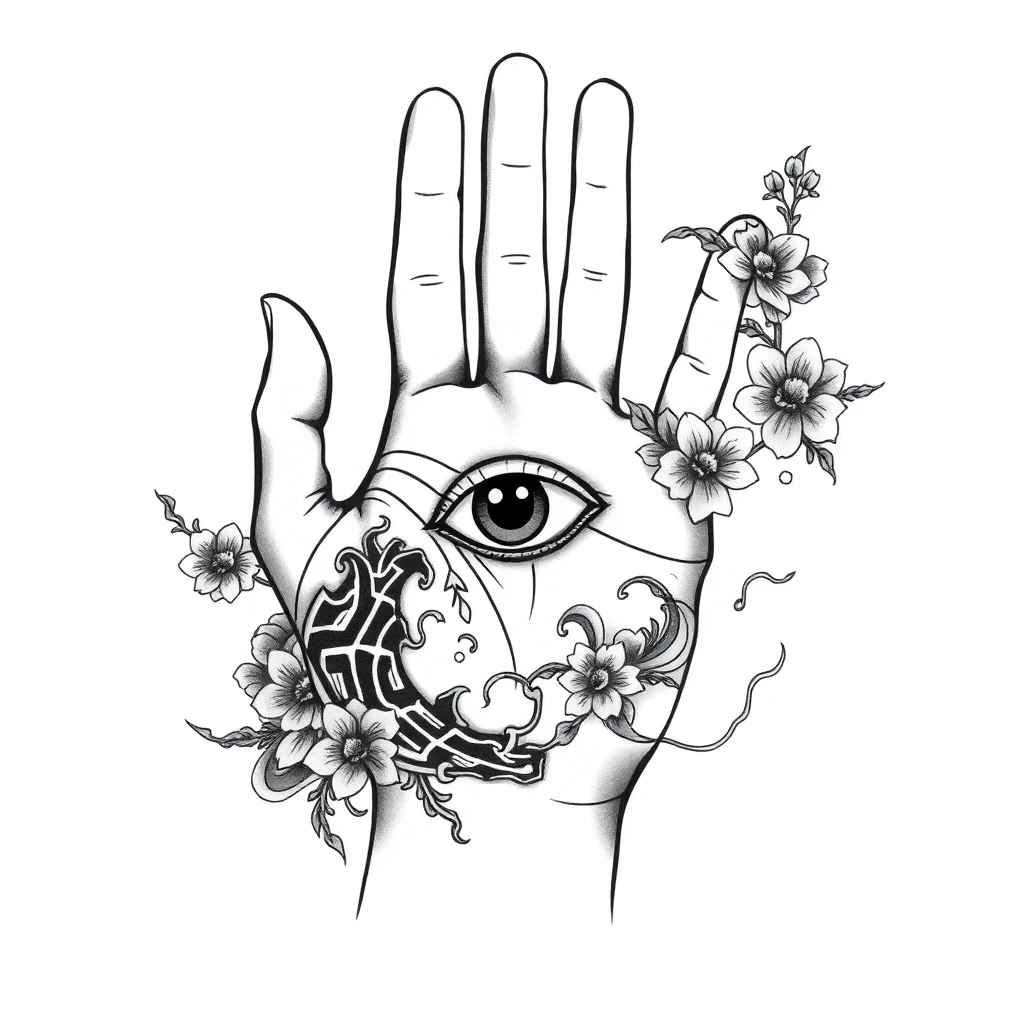 Tatouage main de Fatima en style japonais, design généré par IA