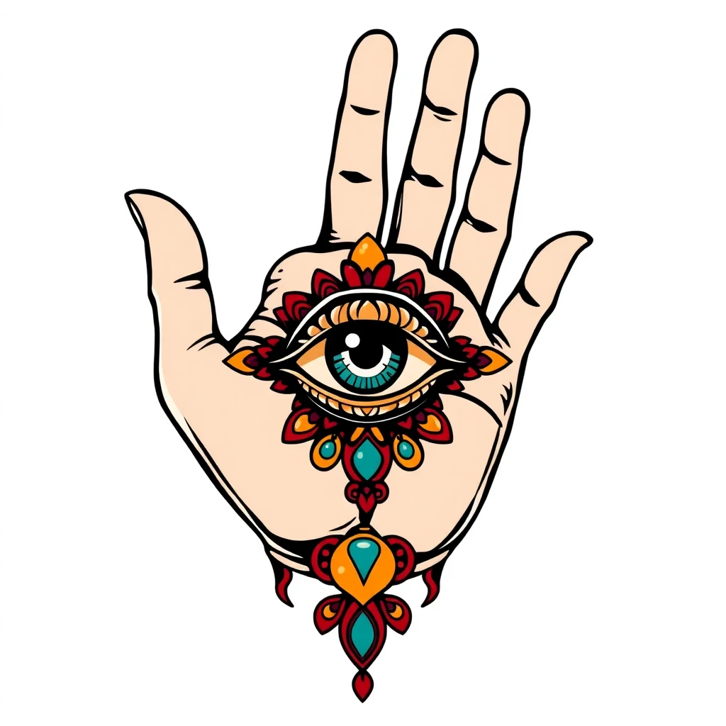 Tatouage main de Fatima en style néo-traditionnel, design généré par IA