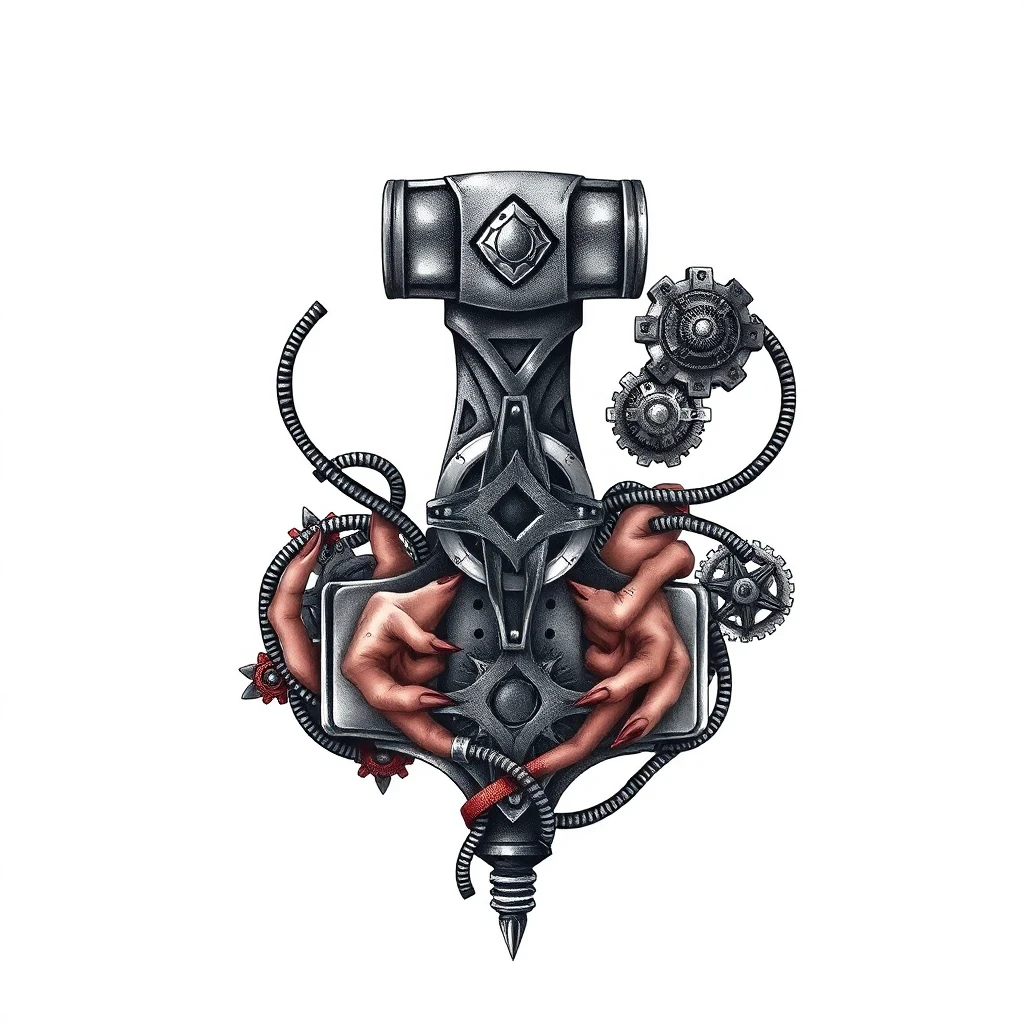 Tatouage marteau en style biomécanique, design généré par IA