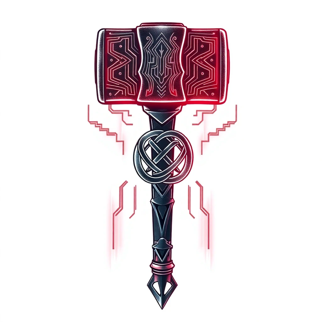 Tatouage marteau en style cyberpunk, design généré par IA