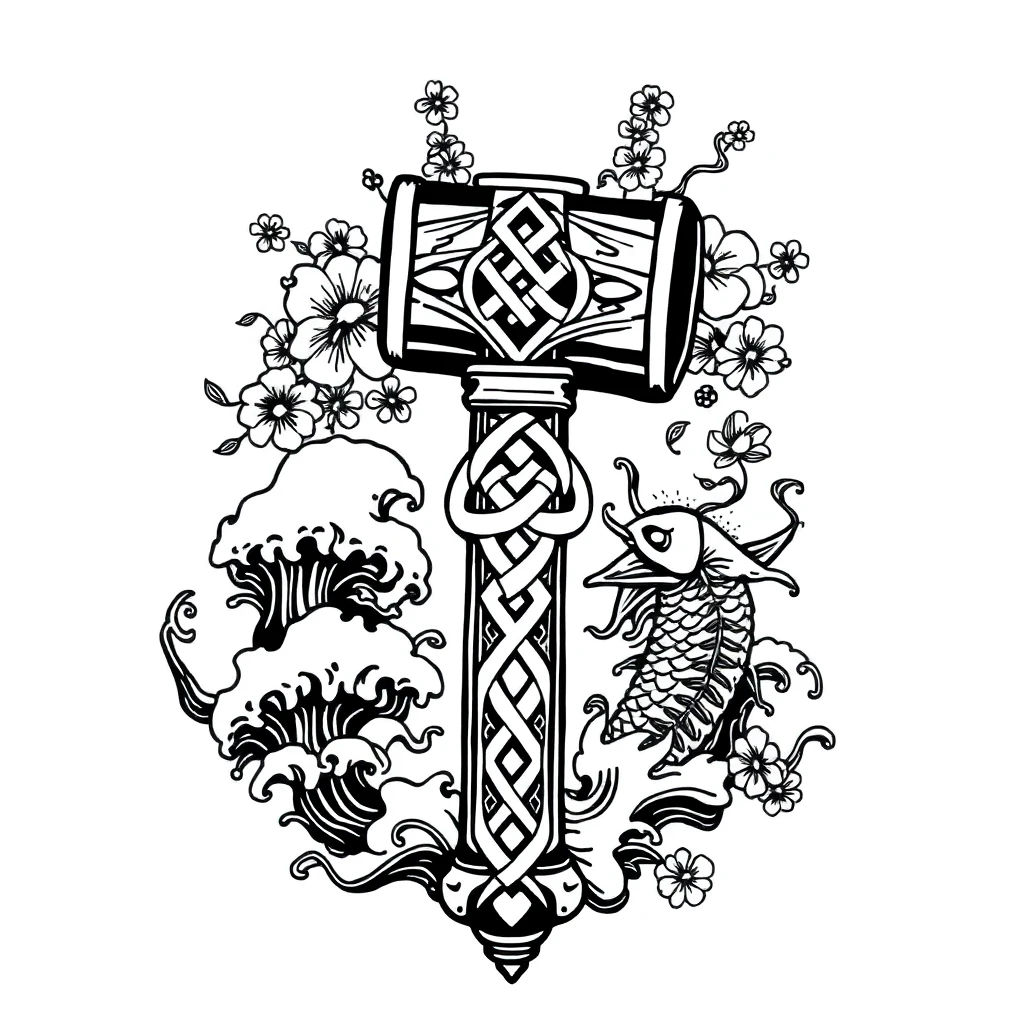 Tatouage marteau en style japonais, design généré par IA