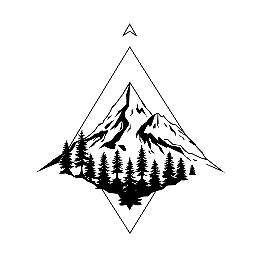 Montagne géométrique dans un losange, tatouage à lignes fines