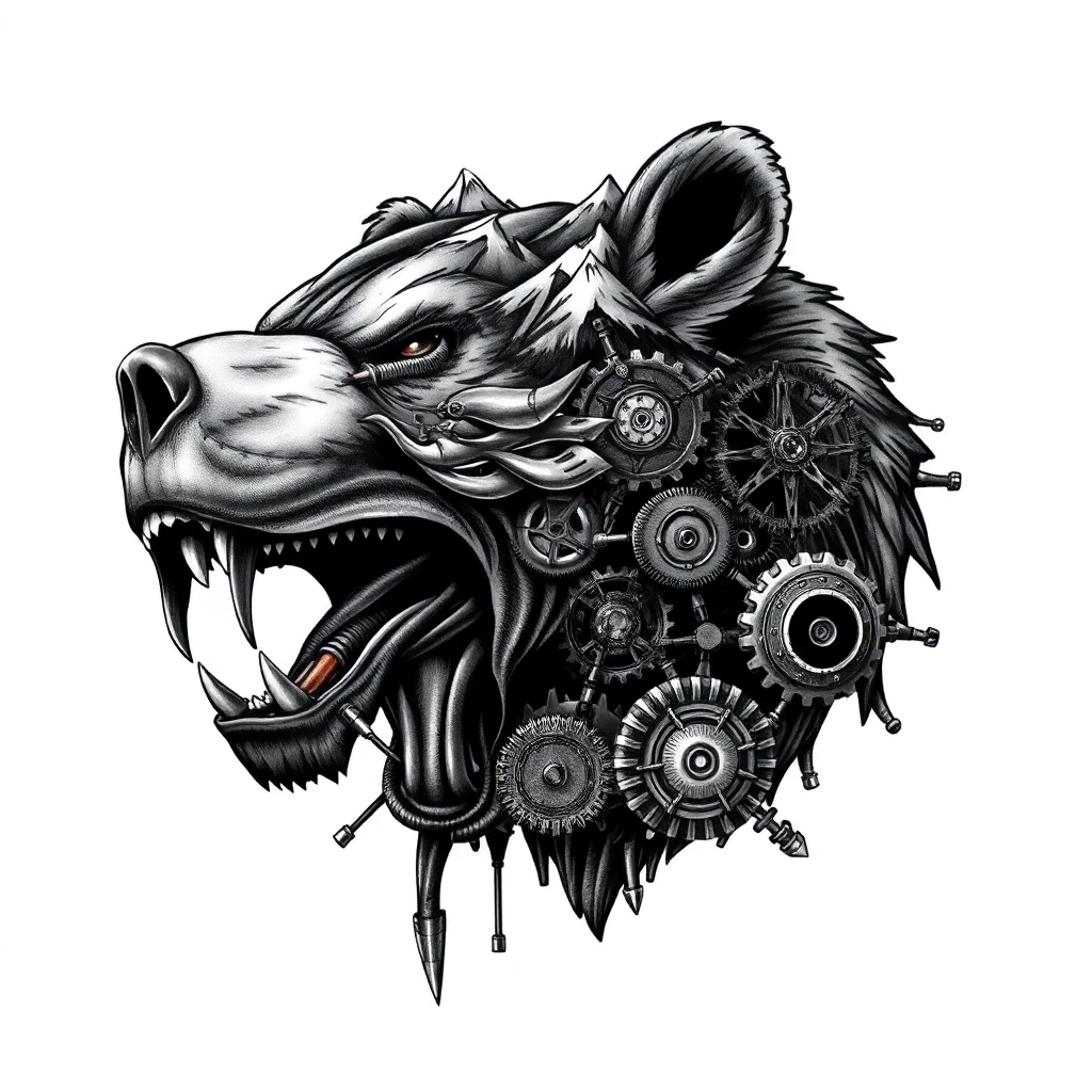 Tatouage ours en style biomécanique, design généré par IA