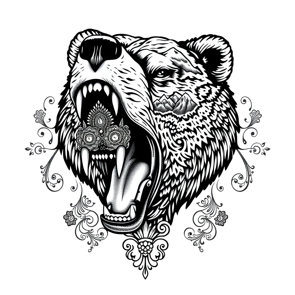 Tatouage ours en style ornemental, design généré par IA