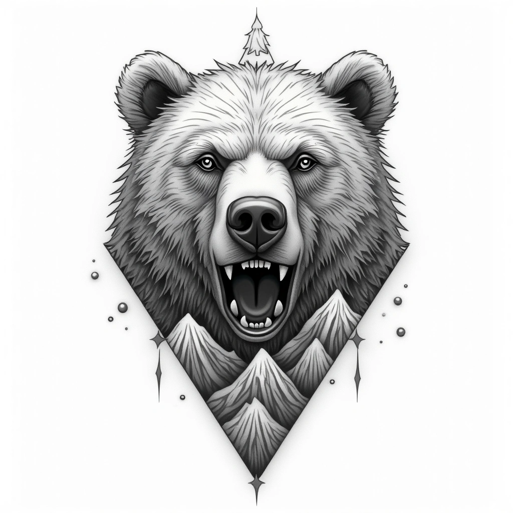 Tatouage ours en style single needle, design généré par IA