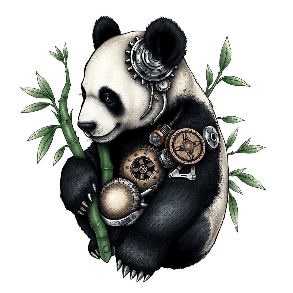 Tatouage panda en style biomécanique, design généré par IA