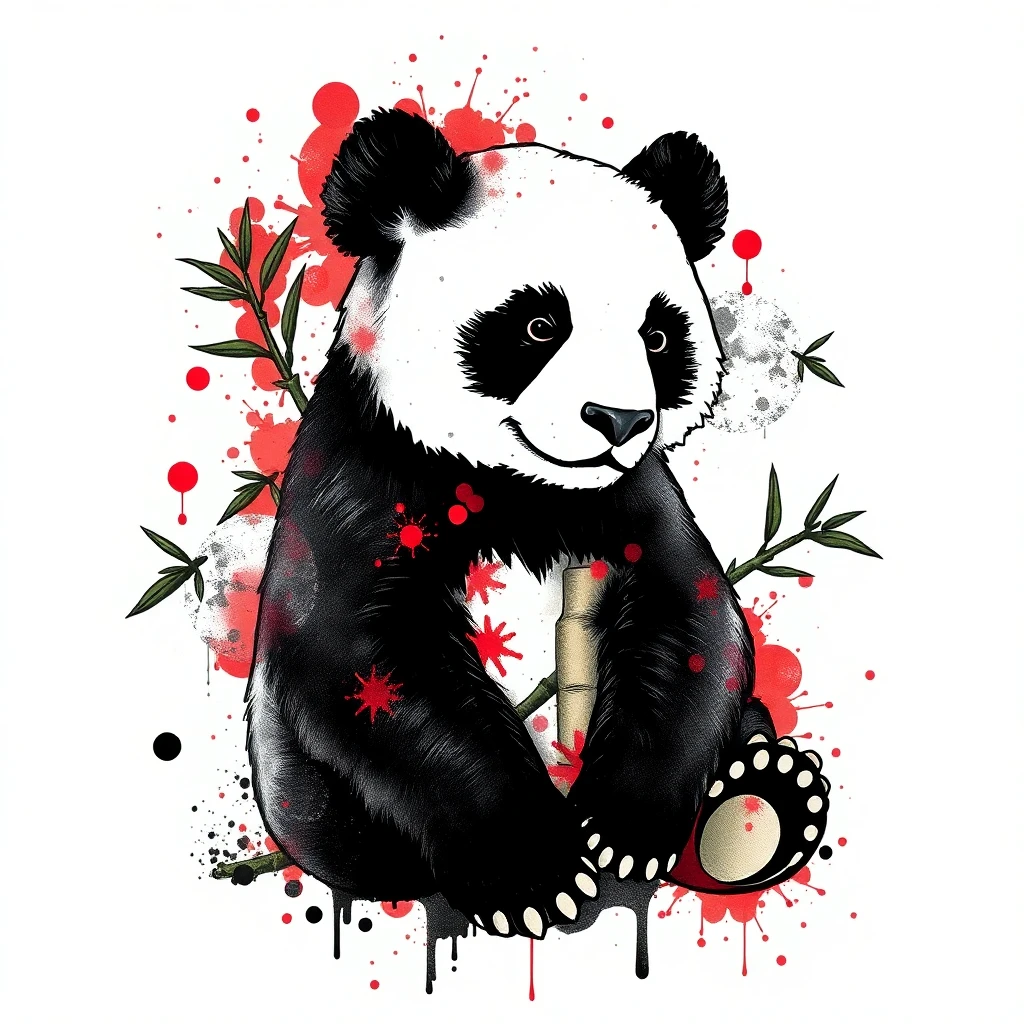 Tatouage panda en style trash polka, design généré par IA