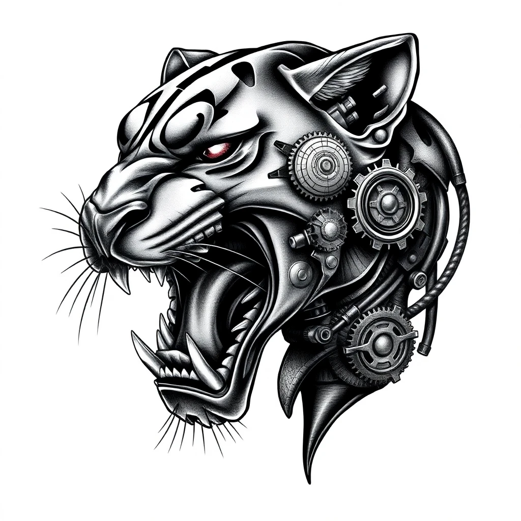 Tatouage panthère en style biomécanique, design généré par IA