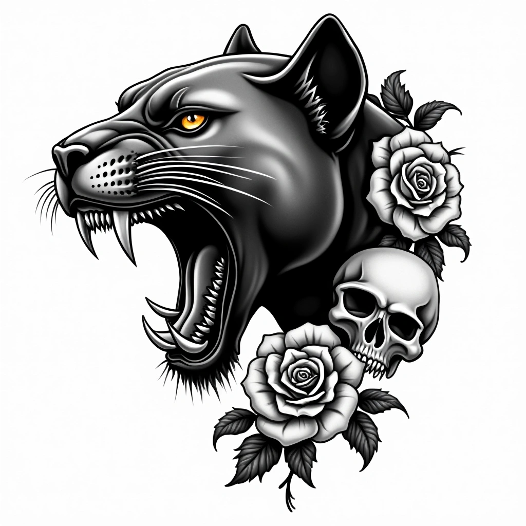 Tatouage panthère noire en style chicano, design généré par IA